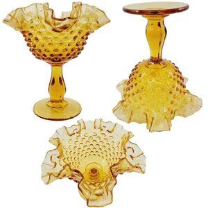 Vintage Fenton Collectible Hobnail Compote Gold Amber Art Glass Footed Vase